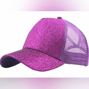 Women's Purple Glittery Ponytail/Messy Bun Baseball Cap